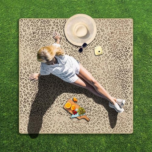 Picnic Blankets Waterproof Foldable Extra Large,80"x 80" Outdoor Beach Blanket Sandproof,3-Layer Lightweight Handy Mat Tote Picnic Camping Rugs for Outside Your Rv(Cheetah Leopard) - color: Leopard, size: 6'8" x 6'8" (Rectangular)