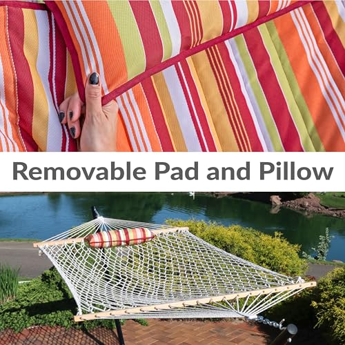 Sunnydaze Rope Hammock with Stand for Outside - Heavy Duty Freestanding Portable Outdoor Hammock Set with Quilted Pad, Pillow, and 12-Foot Steel Frame - 275 lb Capacity - Tropical Orange - color: Tropical Orange