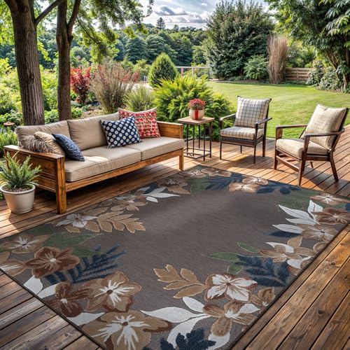 Outdoor Rug 9x12 Washable Area Rugs Indoor Outdoor Carpets Brown Border Floral Non Shedding Waterproof Easy Clean Patio Deck Porch Living Room Bedroom Garden RV (9 X 12 Brown) - color: 1-brown, size: 9' x 12' (Rectangular)