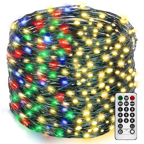 Decute 300LED Christmas Tree Lights Fairy String Light 99FT Green Copper Wire Warm White and Multicolor Dimmable with Remote, UL Cerficated Twinkle Lights for Party Wedding Indoor Outdoor Decor - color: Warm White + Multicolor, size: 300LED