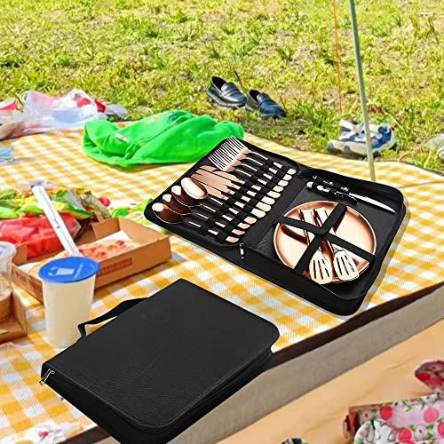 Picnic Tableware Set Camping Dinnerware Copper/Rose Gold Silverware and Plates Kit for 4 Portable Utensils Stainless Steel Dishes Spoons Forks Knives Bottle Opener Food Tongs - size: 20, style: Copper/Rose Gold Camping Flatware