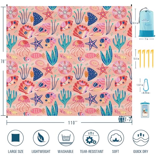 Famstar Beach Blanket Sandproof Waterproof 78''×110'' 1-7Adults Oversized,Compact Lightweight Durable Beach Mat for Travel Camping Hiking Picnic Blanket - color: Pink Ocean, size: 78''×110''