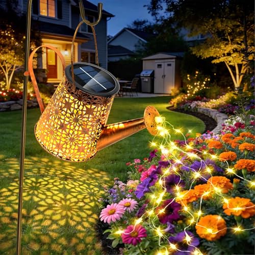 Anordsem Solar Watering Can Lights: Metal Flower Lantern Outdoor with Hook - Waterproof Garden Art Hanging Decoration for Yard Patio Lawn - Christmas Birthday Gifts for Women Mom Grandma - color: Flower-pattern