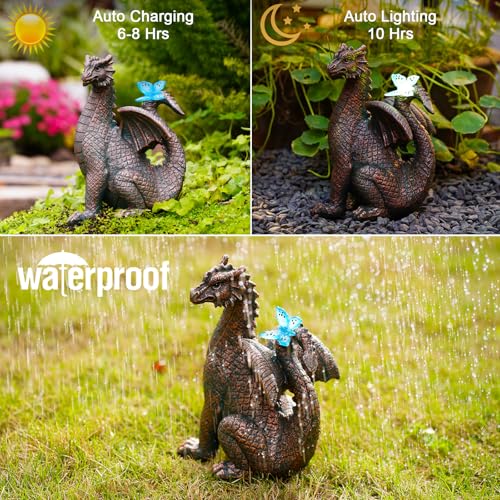 Nacome Solar Dragon Outdoor Statues for Garden: Outside Decor with Butterfly Clearance for Yard Art Lawn Ornaments Porch Patio Balcony Home House for Mom Grandma Women - color: Garden Dragon