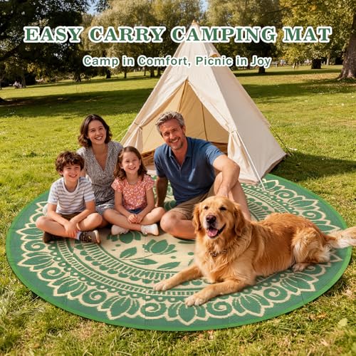 6ft Round Waterproof Outdoor Patio Rug, Reversible Eco-Friendly Plastic Woven Rug, Boho Floral Pattern All-Weather Mat & Picnic Mat for RV, Camping, Deck, Porch, Backyard and Garden, Green - color: Green Flower, size: 6' (Round)