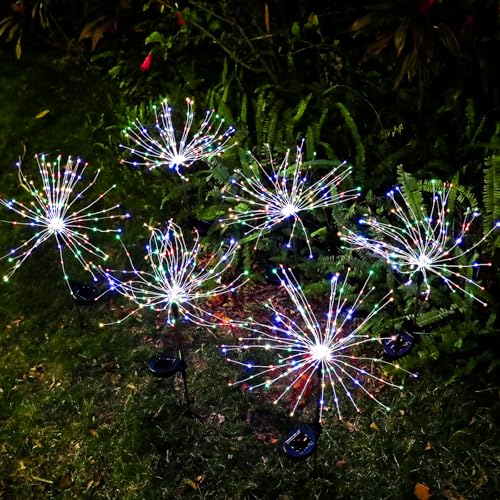 FOOING 6 Pcs Solar Garden Lights Solar Firework Lights, 200 LED String Light 2 Modes Twinkling Nightlight for Outside, Wedding, Party, Patio for Home Decor (Colorful) - style: Colorful 6 pcs-200 LED