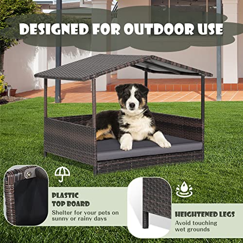 Giantex Wicker Dog House, Raised Rattan Dog Bed with Waterproof Roof, Washable Cushion Cover, Steel Frame, Indoor Outdoor Elevated Dog Bed Pet House for Small Medium Dogs Cats, Easy Assembly - style: Brown House & Gray Cushion