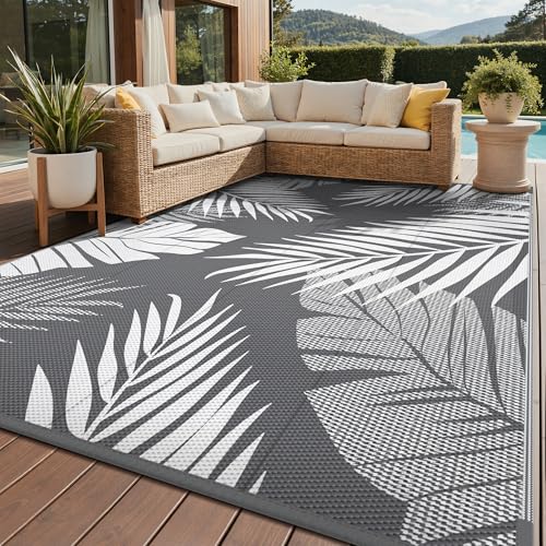 GENIMO Outdoor Rug 8' x 10' Waterproof for Patios Clearance, Reversible Plastic Straw Camping Rug Carpet, Large Area Rugs Mats for RV, Picnic, Backyard, Deck, Balcony, Porch, Beach, Grey&White - color: Grey & White | Waterproof, size: 8' x 10' (Rectangula