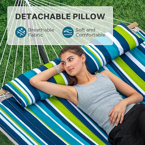 SUPERJARE Hammock with Stand, 2 Person Quilted Outdoor Hammock, Detachable Pillow & Bamboo Spreaders, Portable Hammock with Carrying Bag, Heavy Duty Stand, Perfect for Outside, Patio, Dark Cyan - color: Dark Cyan, size: 62.9"W × 78.7''D × 43.3''H
