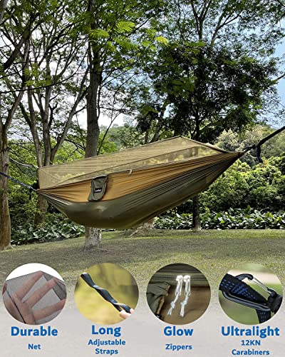 Sunyear Camping Hammock, Portable Single & Double Hammock with Net, 2 Person Hammock Tent with 2 * 10ft Straps, Best for Outdoor Hiking Survival Travel - color: Usa Green Bundle, size: 78"W*118"L (Double)