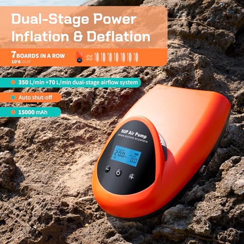 Tonsim Rechargeable Paddle Board Electric Pump, 20 PSI SUP Pump with 4 Preset Modes, Dual-Stage Inflation & Deflation, 12V DC Car Connector, Auto Shut-Off for Paddle Boards, Kayaks and Tents - color: Orange
