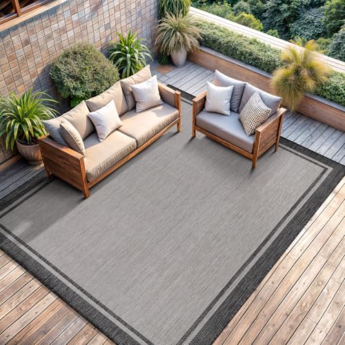 CAMILSON Indoor Outdoor Rug, 6x9 Bordered Gray Modern Area Rugs for Indoor and Outdoor Patios, Kitchen and Hallway Mats, Washable Porch Deck Outside Carpet (Bordered Grey, 6 x 9) - color: Bordered Grey, size: 6'7" x 9' (Rectangular)