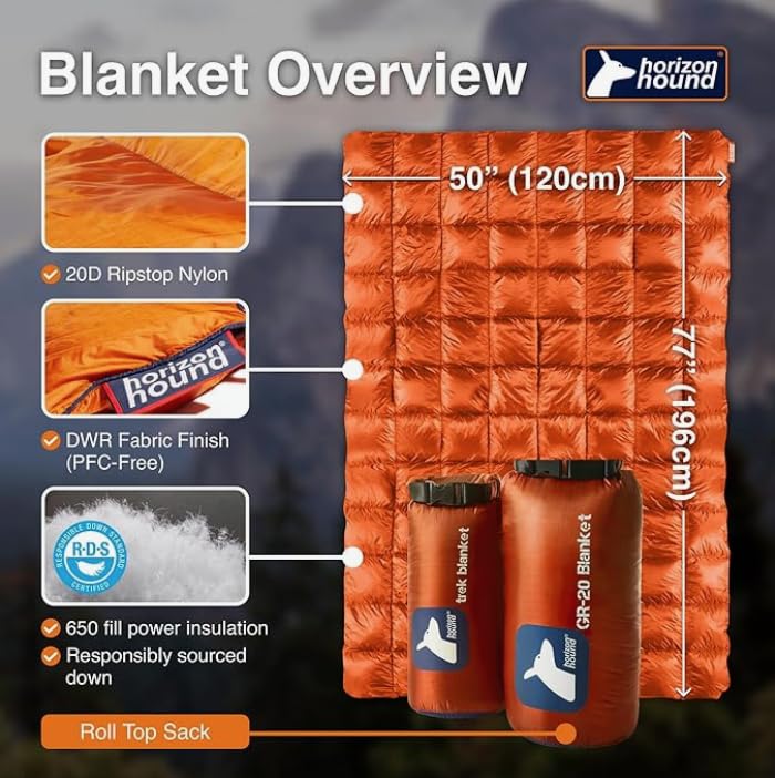 Horizon Hound Down Camping Blanket 650 Fill Power - Ultralight Backpacking Quilt (1lb 6oz) Warm & Water-Resistant 20D Nylon Shell for Outdoors, Camping, Hiking, Travel, & Stadium - Packable - color: Burnt Orange