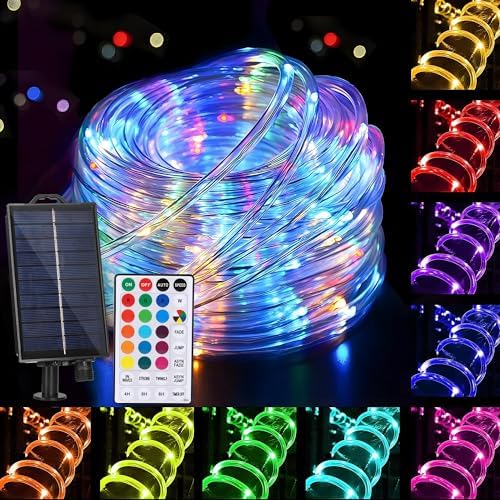 XEWEA Solar Rope Lights Outdoor,16Colors 66LED 39Ft String Light with 20Modes Remote, Solar Powered Rope Tube Lights for Garden Fence Paito Yard Christmas Decoration - color: Solar-100Ropes