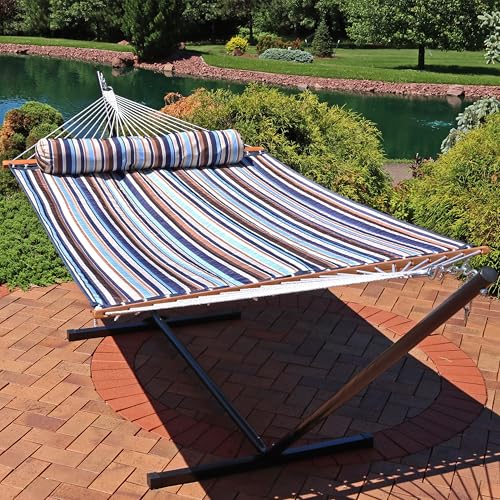 Sunnydaze Quilted Double Hammock for Outside with Spreader Bars and Pillow - 450 lb Capacity, 74x55 Inch Bed, UV Resistant, Quick Dry - Chains Included, Stand Sold Separately - Ocean Isle - color: Ocean Isle