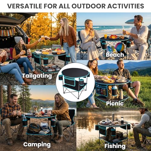 FUNDANGO All in One Tailgate Table, Portable Beach Table with Cup Holders, Camping Table Foldable with Side Pockets Carry Bag for Camp Outdoor Sand Beach Picnic Fishing Tailgating Essentials