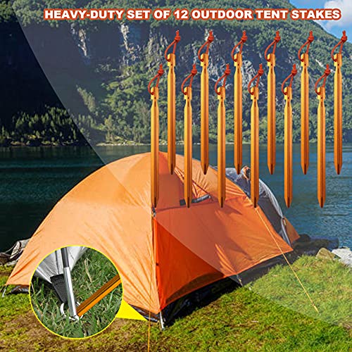 12 Pack Tent Stakes, 7075 Ground Metal Camping Aluminum Tent Pegs, Lightweight Tent Stakes Heavy Duty Spikes Camping Accessories - color: Apricot Orange