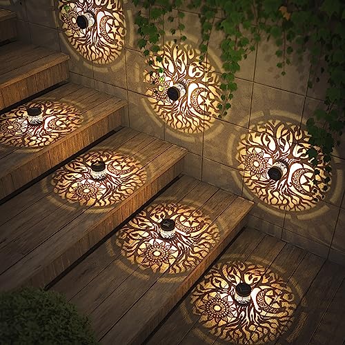 gardencave 2 Pack Solar Fence Lights Metal Solar Powered Outdoor Wall Deck Step Lights Tree Theme Waterproof Fence Light for Garden Post Patio Backyard Yard Decor (Tree, 2 Pack) - color: Tree, size: 2 Pack