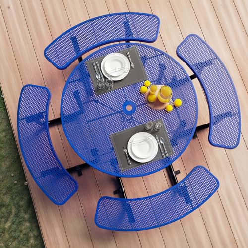 Metal Picnic Tables for Outdoors with Umbrella Hole - Coated Steel Heavy Duty Commercial Grade Furniture Set with Adjustable Seats (Blue, 46 in, Round, Punched Steel) - color: Blue, size: 46 In, Round, Punched Steel