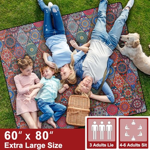 60x80" Picnic Blankets Waterproof Beach Blanket Outdoor Sandproof Foldable Park Lawn Grass Concert Mat Portable Tent Rugs Camper Inside Outside Camping Gifts Accessories Road Trip Necessities - color: Red Bohemian, size: 6'8" x 5' (Rectangular)