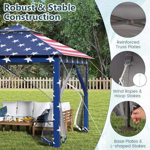 Goplus11 ft × 11 ft Pop up Gazebo, Portable Screen Canopy Shelter w/Mesh Netting Sidewalls, Vented Top, Drainage Holes, Heavy-Duty Height Adjustable Easy Setup Party Tent for Backyard - color: American Flag