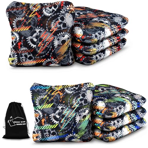 Professional Cornhole Bags Set of 8 - Dual Sided Stick & Slide (Suede/Woven) - Premium Resin Filled Regulation Weight & Size (6x6, 16oz) - Double Stitched Reinforced Seams with Carry Tote - color: Industrial Gearhead