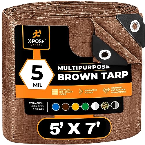 Multipurpose Protective Cover Brown Poly Tarp 5' x 7' - Durable, Water Resistant, Weather Resistant - 5 Mil Thick Polyethylene - by Xpose Safety - color: Brown, size: 5 Feet X 7 Feet