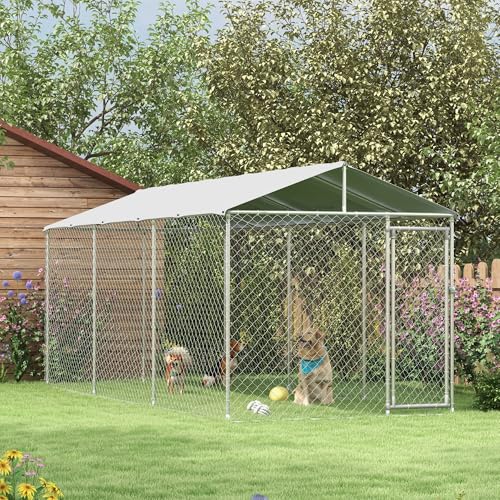 PawHut Outdoor Dog Kennel, Heavy Duty Dog Run Outdoor Fence with Waterproof Cover, Galvanized Chain Link, Secure Lock, for Large Breeds, Chickens, Ducks, 20' x 7.5' x 6.5' - size: 236.2"L x 90.6"W x 78.7"H