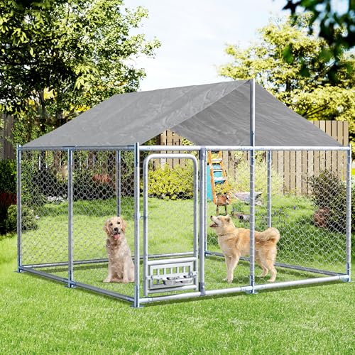 Grepatio Outside Dog Kennel with 2 Rotating Feeder Bowls, 7.5'x7.5' Outdoor Dog Kennel with Waterproof, Dog Enclosure for Large Dogs, Dogs Kennels Run Dog Playpen Fence with Secure Lock (7.5x7.5 FT) - size: 7.5x7.5 FT