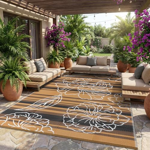 Garvee 8x10 Outdoor Waterproof Rug, Floral Outdoor Area Rug，Reversible Plastic Straw Patio Rug, Portable Camping Mat for RV, Picnic, Beach, Balcony, Garden & Camping Black&Brown - color: Blackbrown, size: 8' x 10' (Rectangular)