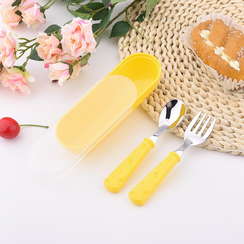 Practical Spoon and Fork Utensils Set for Son Daughter Stainless Steel Silverware Set with Forks and Spoons Safe Flatware Cutlery Set with Cute Pattern Reusable Cutlery Kit with Easy-Grip Handles - color: Yellow