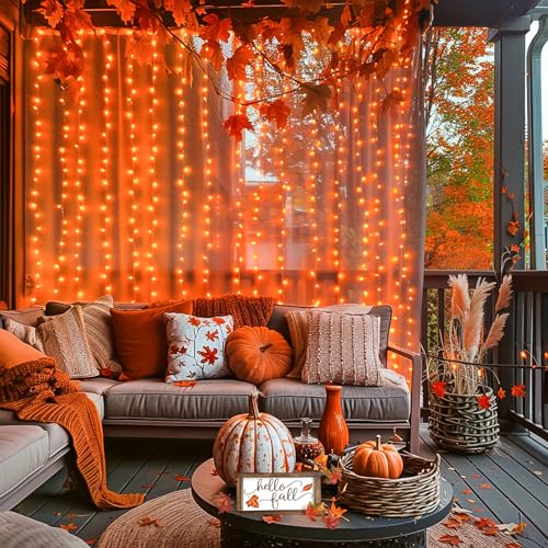 JMEXSUSS 300LED Orange Halloween Lights with Remote, 9.8x9.8ft Halloween Curtain Light, 8 Modes Orange Hanging String Lights Plug in for Fall Bedroom Thanksgiving Window Party Indoor Outdoor Decor - color: Orange, size: 300 LED