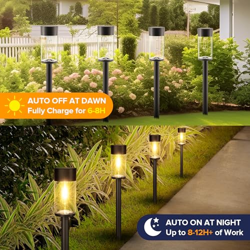UME 8 Pack Solar Pathway Lights Outdoor, Bright Solar Garden Lights with Metal Design–IP65 Waterproof, Auto On/Off, 3000K LED Landscape Lighting for Yard, Lawn, Walkway, Driveway, Patio Decor - color: Black, size: 8 pack