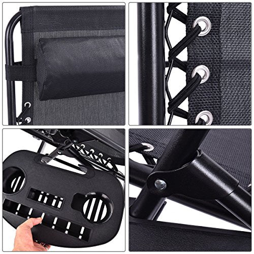 Giantex 2 PCS Zero Gravity Chair Patio Chaise Lounge Chairs Outdoor Yard Pool Recliner Folding Lounge Chair with Cup Holder (Black) - color: Black, size: 1 Count (Pack of 2)