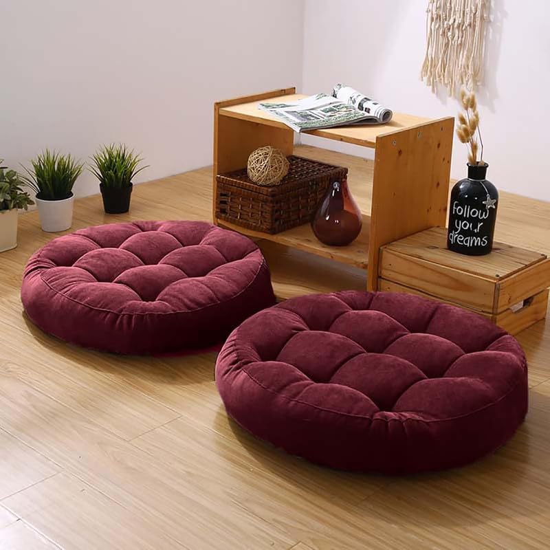 Meditation Floor Pillow Set of 2 Large Round Floor Cushions for Adults Tufted Corduroy Floor Seat Pillows Cushion for Living Room,Wine Red 16.5" Lx16.5 Wx3 H - color: Wine Red, size: 16.5"Lx16.5"Wx3"H
