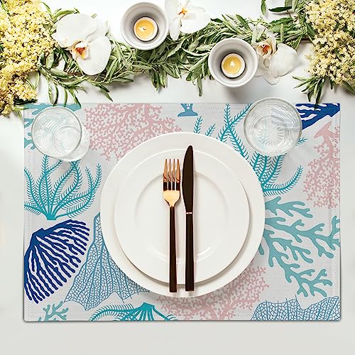 Summer Ocean Coral Placemats Set of 4,Blue Pink Coral Reef Linen Table Place Mat 12x18 in, Nautical Coastal Seaweed Heat-Insulation Non-Slip Placemat for Dining Kitchen Decor - color: Coral