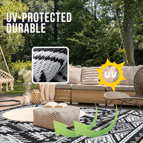 OLANLY Outdoor Rug Waterproof 6x9 ft, Reversible Outdoor Plastic Straw Rug, Boho Patio Rug, Indoor Outdoor Carpet, RV Mat Outside for Patio, Camp, Picnic, Balcony, Deck, Backyard, Black & White - color: Black & White, size: 6' X 9' (Rectangular)