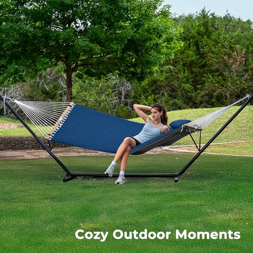 SUPERJARE Hammock with Stand, 2 Person Quilted Outdoor Hammock, Detachable Pillow & Bamboo Spreaders, Portable Hammock with Carrying Bag, Heavy Duty Stand, Perfect for Outside, Patio, Navy Blue - color: Navy Blue, size: 55.1"W × 74.8''D × 43.3''H