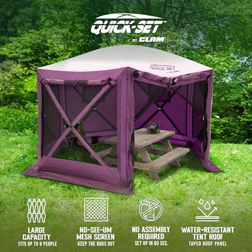 Clam Pavilion 12.5' Pop-Up Screen Tent – Plum Outdoor Camping Gazebo Canopy with Wind Panels, Mesh Netting & Carry Bag – 6-Sided Portable Shelter for 8 People – Fast Setup Patio or Event Tent - color: Plum