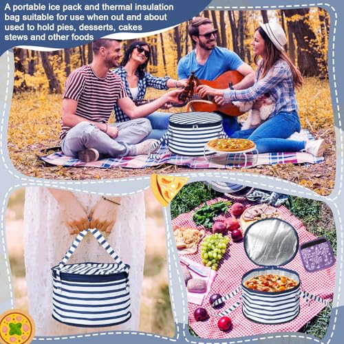 Pickmesh Round Pie Carrier 12 x 7 Inch Insulated Casserole Carriers with Lid and Detachable Handle for Hot or Cold Food Cake Transport Thanksgiving Christmas Gift (Blue White Stripes) - color: Blue White Stripes