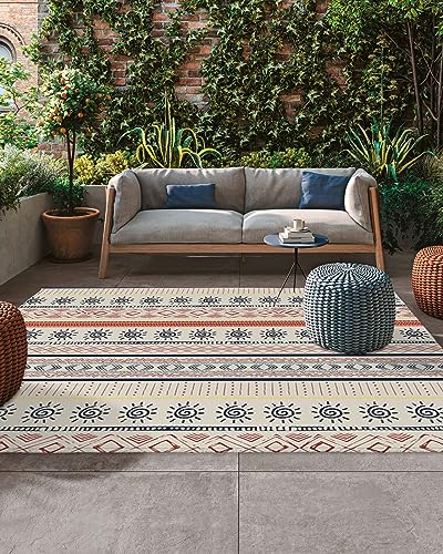 Outdoor Rug 4x6ft, Boho Stripe Retro Ethnic Style Indoor Area Rug for Patio Floor Mat, Indian Sketch Sun Art Abstract Line Non-Slip Outside Carpet Balcony Porch Camping Rugs Picnic Mat - size: 4' x 6' (Rectangular)