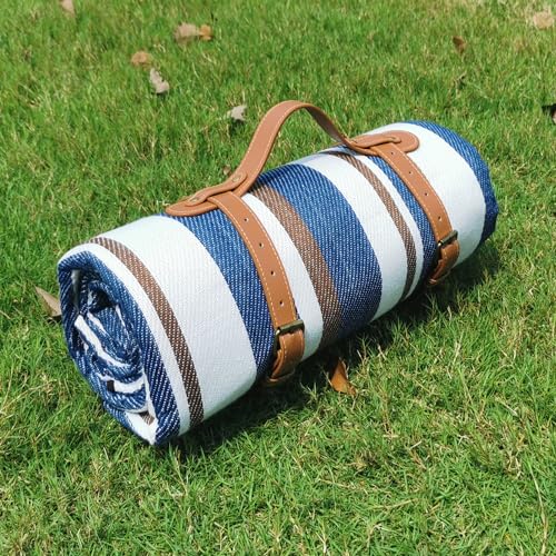 79”x79” Picnic Blanket Extra Large, Waterproof and Foldable Beach Blanket, 3-Layer Outdoor Blanket for 6 to 8 Adults, for Camping, Park, Beach, Grass, Indoors - color: Mocha and Blue Stripe