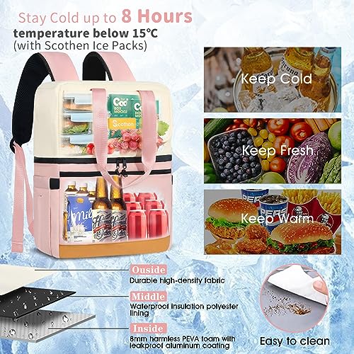 Scothen Backpack Cooler with Double Decker & 12 Ice Packs- Keeps 36 Cans Cold for Up to 24 Hours- Waterproof & Leak Proof Insulated Cooler Backpack- Stylish Cooler Bookbag for Women Travel Work Beach - color: Pink