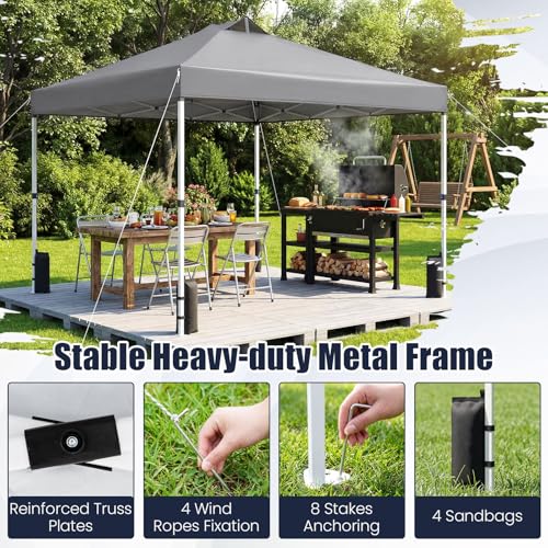Tangkula 10 x10 Ft Pop Up Canopy with Center Lock, UPF 50+ One-Button Setup Outdoor Canopy Tent with Roller Bag, 4 Sand Bags, Heavy-Duty Steel Frame, 8 Stakes, 4 Ropes for Camping, Picnic - color: Gray