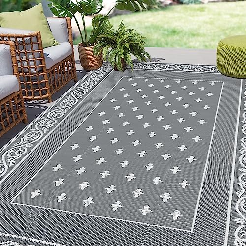 Pauwer Waterproof Outdoor Rug 6x9, Reversible Plastic Straw Patio Camping Rug, Indoor Outdoor RV Mat Carpet for Deck, Camper, Porch, Balcony, Backyard, Picnic, Bordered Grey - color: Bordered Grey, size: 6' x 9' (Rectangular)
