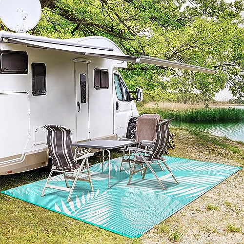 GENIMO Outdoor Rug 5' x 8' Waterproof for Patios Clearance, Reversible Outdoor Plastic Straw Camping Rug Carpet, Large Area Rugs Mats for RV, Picnic, Backyard, Deck, Balcony, Porch, Aqua Blue&White - color: Aqua Blue & White | Waterproof, size: 5' x 8' (R