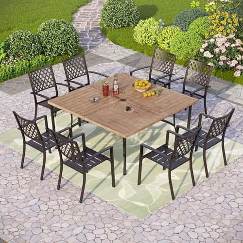 PHI VILLA 9 Pieces Outdoor Dining Set for 8, 57.5" Brown Square Metal Table with Umbrella Hole & Stackable Black Wrought Iron Chairs, Large Outside Furniture Set for Patio, Deck, Yard, Porch - color: Net Back Chair, size: 9PCS-57.5" Wood-like Table
