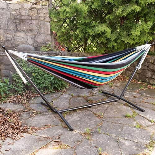 Vivere Double Cotton Hammock with Space Saving Steel Stand, Upgraded Polyester End Strings 450 lb Capacity - Premium Carry Bag Included - USA Grown Cotton (Rio Night) - color: Rio Night