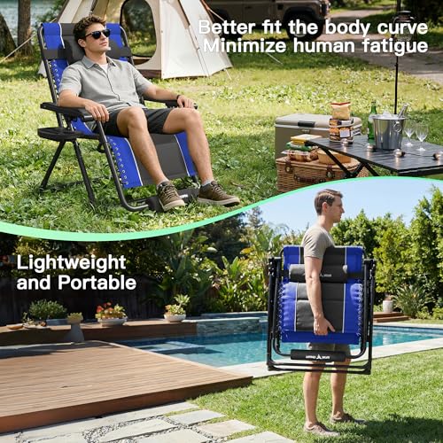 Amopatio Foldable Zero Gravity Chair Oversized Outdoor Reclining Chair 500LB Weight Capacity XXLPatio Recliner with 0-170° Adjustable Backrest Heavy Duty Lounge Chair with Cup Holder,Blue-Black - color: Blue-black, style: 33in-1pc