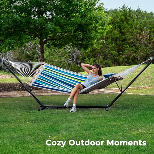 SUPERJARE Hammock with Stand, 2 Person Quilted Outdoor Hammock, Detachable Pillow & Bamboo Spreaders, Portable Hammock with Carrying Bag, Heavy Duty Stand, Perfect for Outside, Patio, Dark Cyan - color: Dark Cyan, size: 62.9"W × 78.7''D × 43.3''H